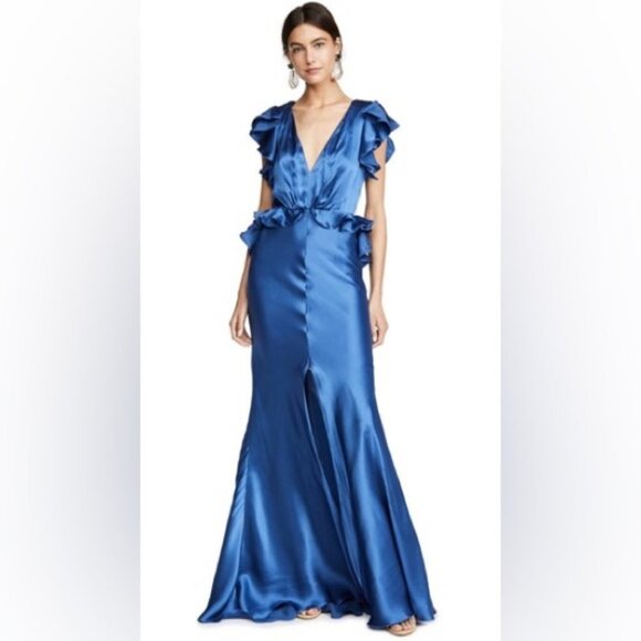 maria lucia hohan Dresses & Skirts - Maria Lucia Hohan Blue Silk V-neck Shirin ruffled evening gown Maxi dress 10